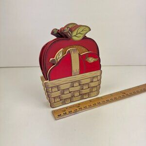 Vintage Set of 4 Red Apple Shape Coasters Wood Cork in Apple Basket Holder Theme
